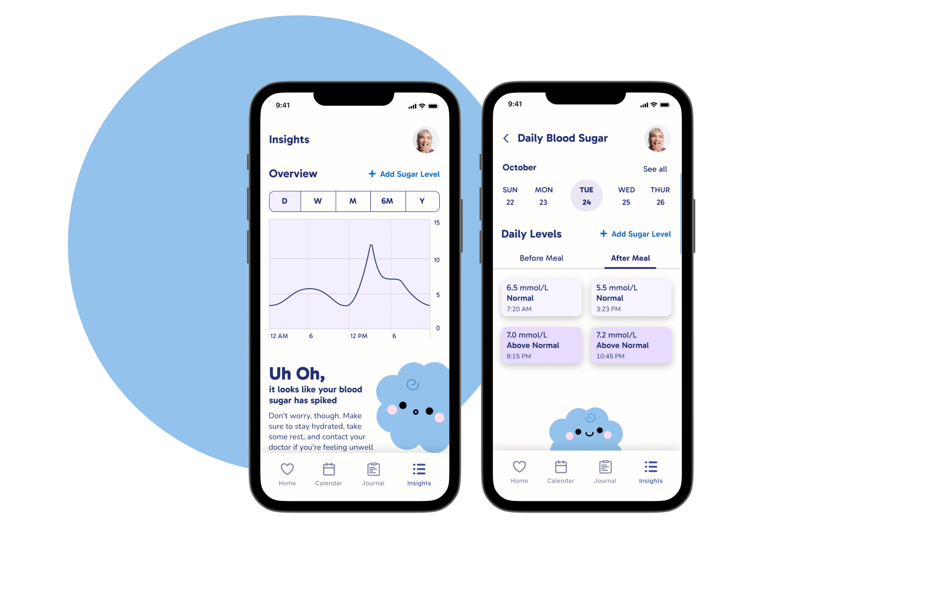 Insights and daily blood sugar screens